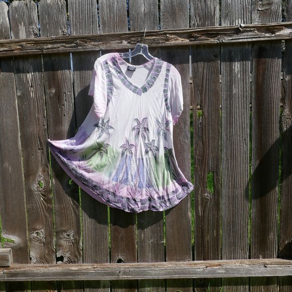 Sakkas Tunic Top One Size Boho Short Sleeve Palm Trees Crochet Trim Pink Blush - Picture 2 of 9